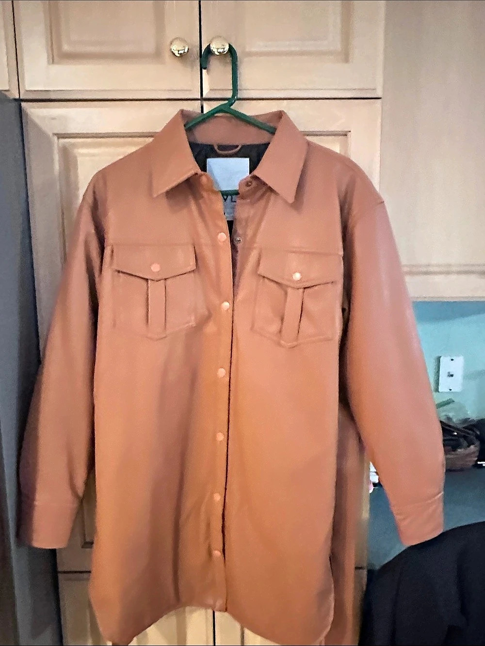NVLT Vegan Leather Belted Shirt Jacket Utility Shacket Jacket Brown Size Medium